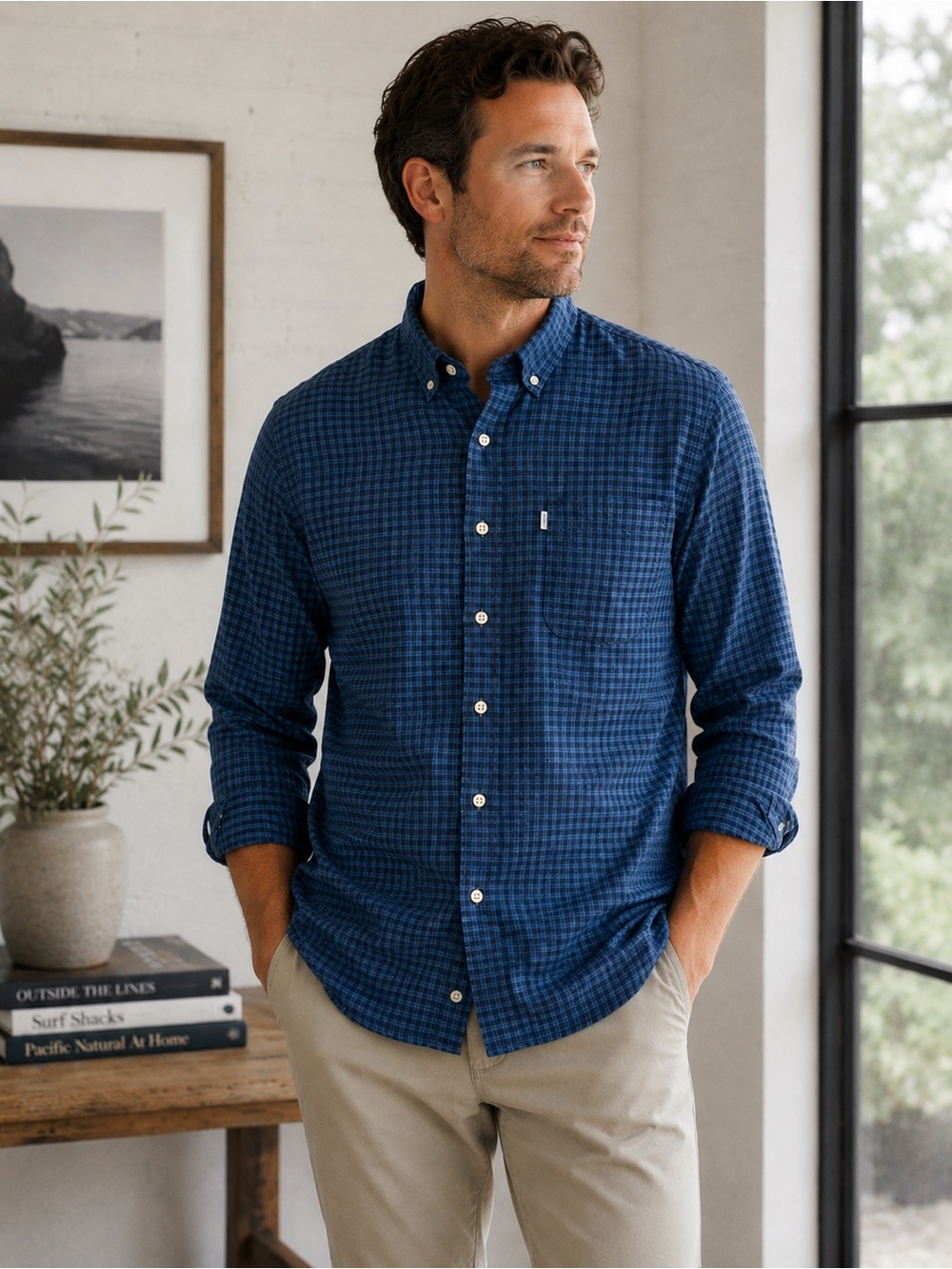 Johnnie-O Hangin Out Blue Gingham Cotton Button Down Shirt Long Sleeve Large